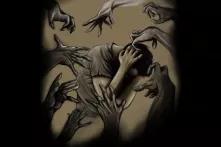 رسم لشاب خائف محاط بأيدي متجهة نحوه