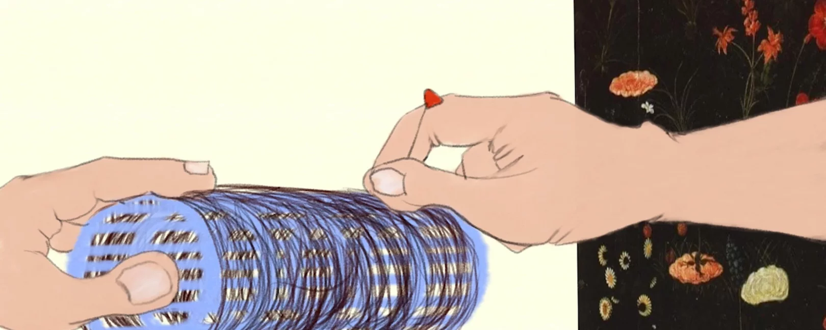 drawing of a person weaving hair into a hair-roll  