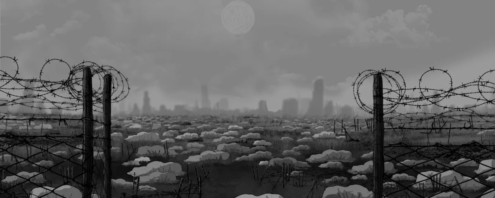 Drawing of a rough terrain with a gate surrounded by barbed wires and the city blurrily appearing in the horizon  