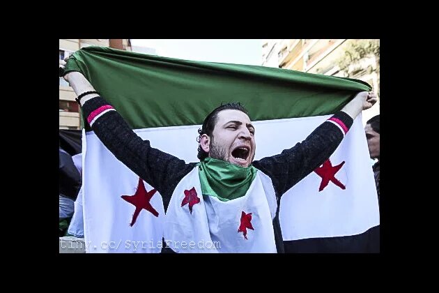 متظاهر مناهض للنظام السوري يرفع علم الثورة السورية ويهتف شعارات مناهضة للأسد في إحدى المظاهرات المناهضة للأسد في بيروت، لبنان 23 آذار/مارس 2012 متظاهر مناهض للنظام السوري يرفع علم الثورة السورية ويهتف شعارات مناهضة للأسد في إحدى المظاهرات المناهضة للأسد في بيروت، لبنان 23 آذار/مارس 2012